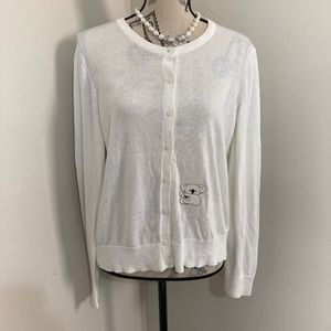 Women’s Cream Long Sleeves Cardigan Button Down Round Neck Bear Patch